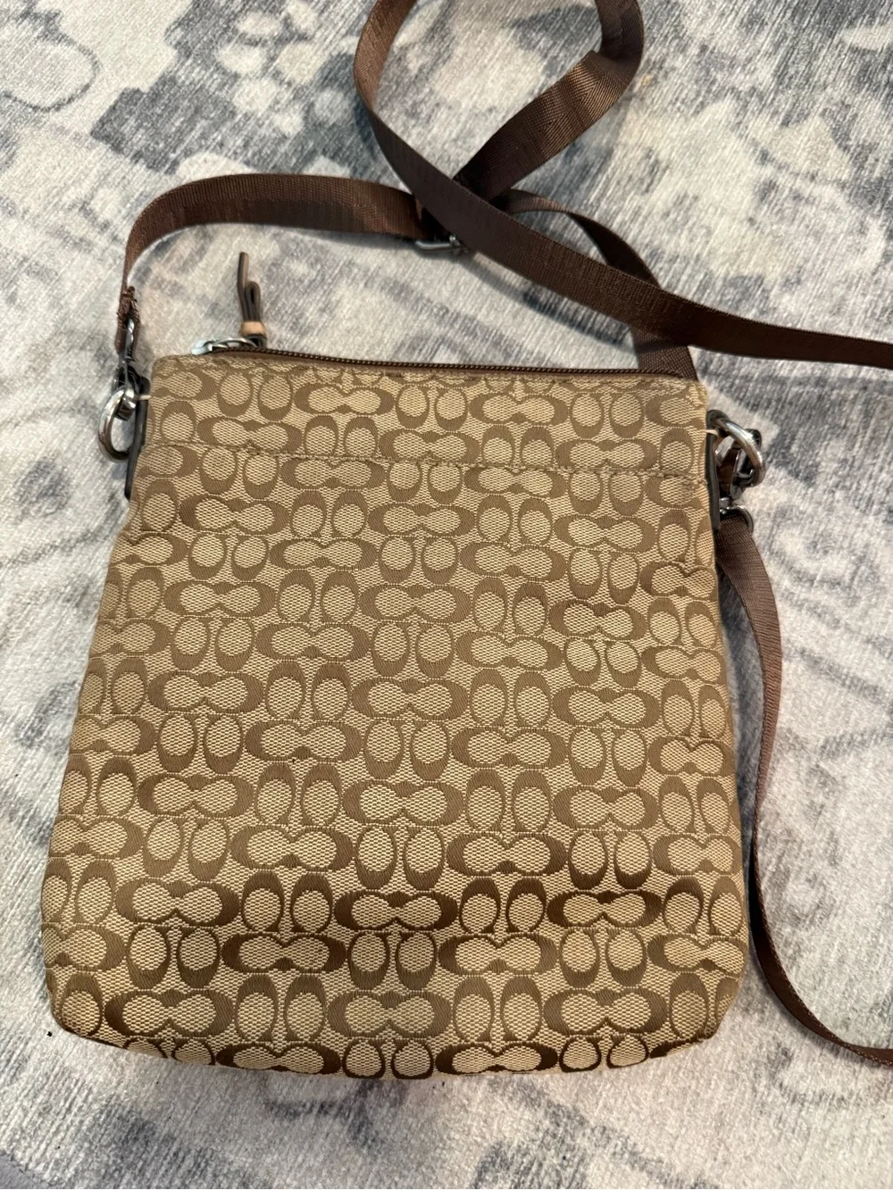 Coach Signature Stripe File Crossbody Bag Khaki Brown Canvas Leather